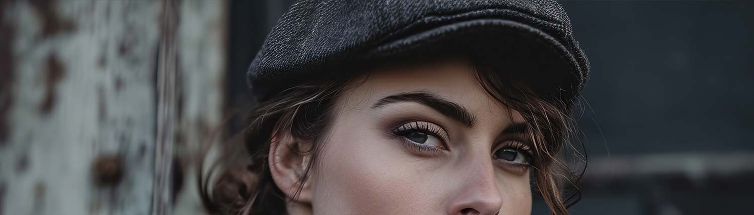 The deep gaze of a woman wearing a flat cap