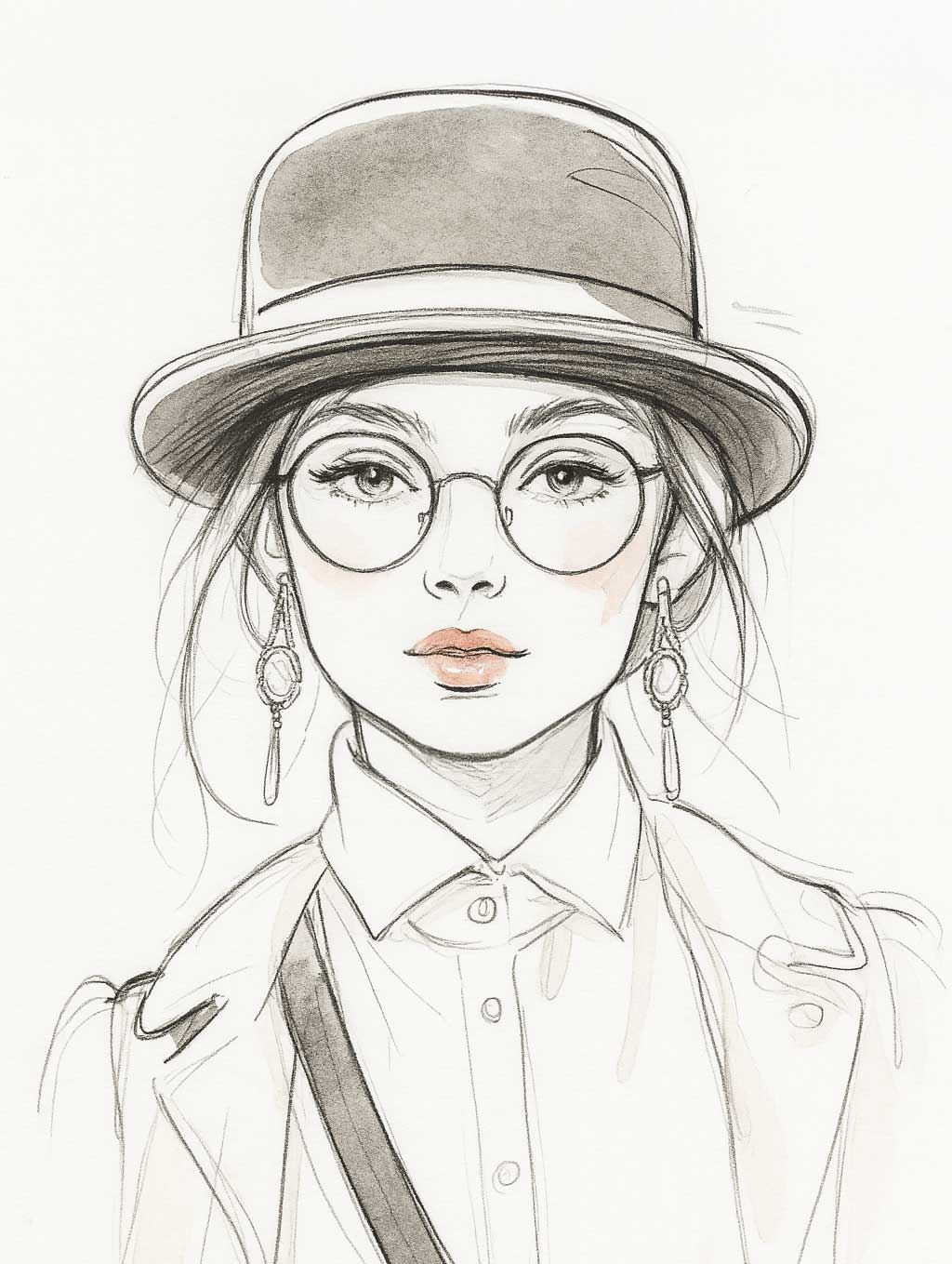 A woman wears round glasses, round earrings, and a Bowler Hat. These accessories help soften the lines of her face. 