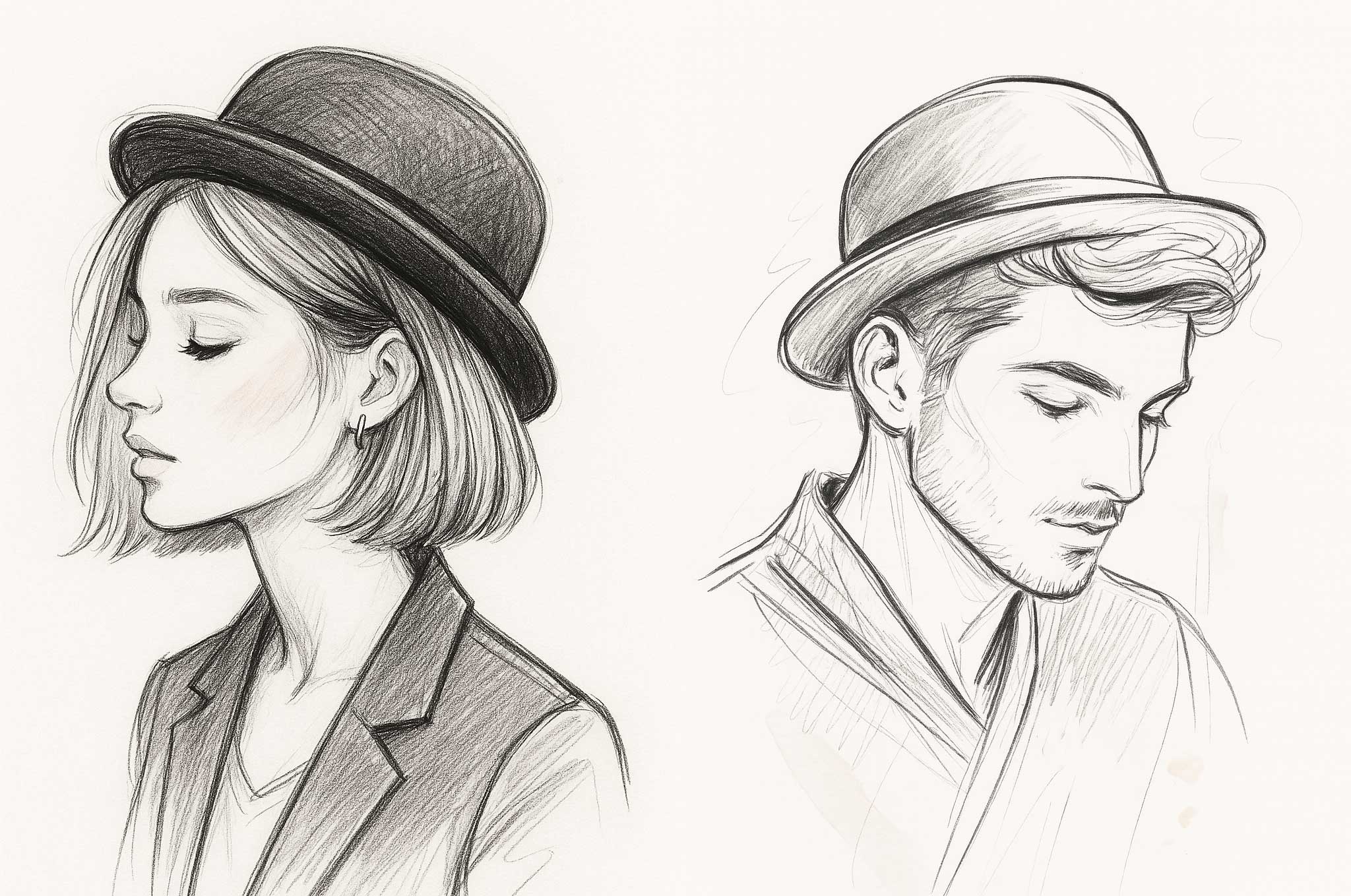 A man and a woman wear a Bowler Hat, perched high on their heads