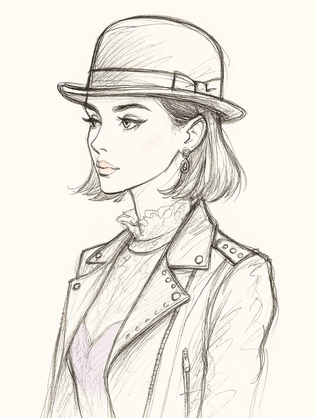 A woman wears round glasses, round earrings, and a Bowler Hat. These accessories help soften the lines of her face. 